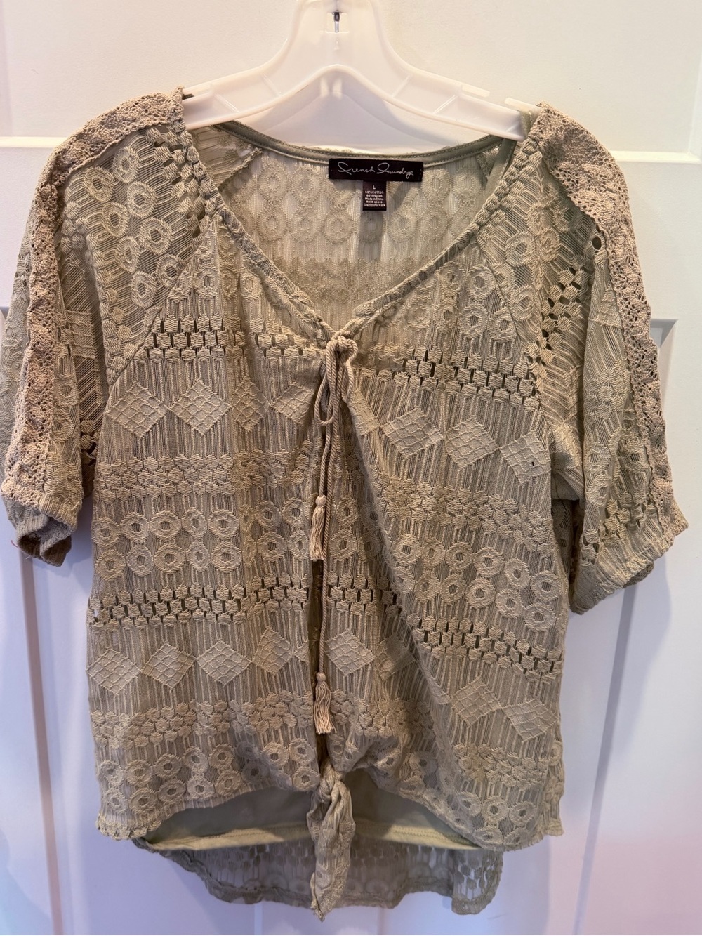 French Laundry Beige Crochet Lace Boho Cardigan Tie Front Cover Up Large
